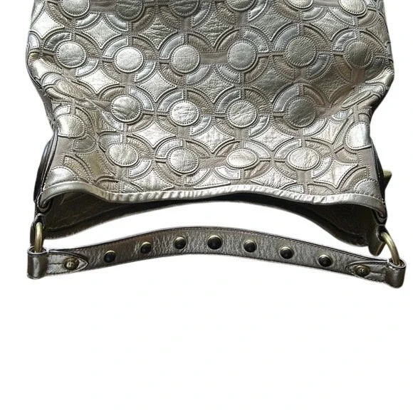 Coach Kristen Hobo Op Art Silver Gold Shoulder Bag Patchwork Beige Leather Purs - Picture 7 of 16